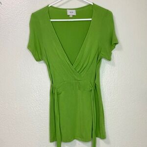 Vintage Y2K ECI New York Green Babydoll Surplice V Neck Tie Waist Tunic Top Sz M